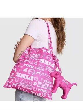 NWT PINK Victoria's Secret Hot Pink Logo Tote with Dog Charm